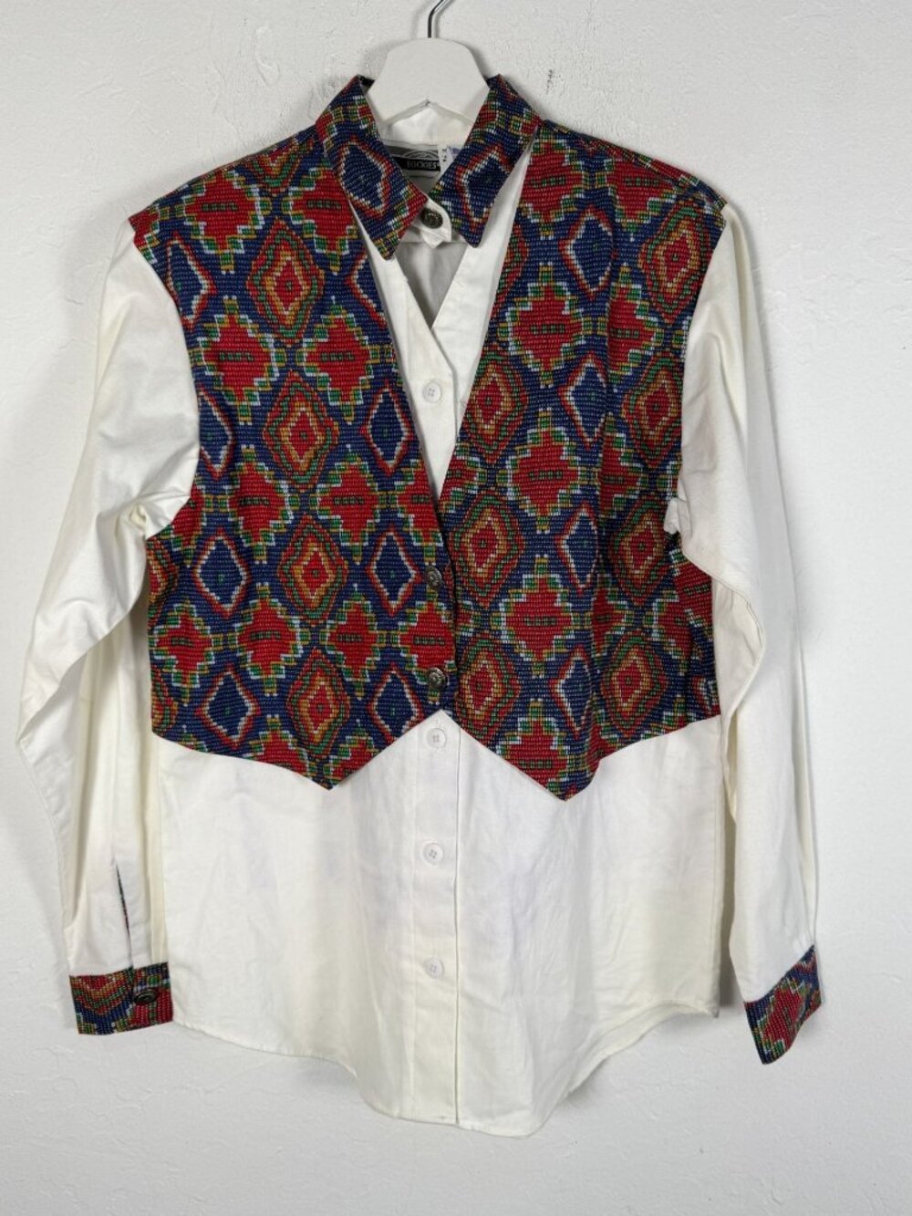 Rockies Womens Western Shirt Faux Vest Geometric Print Button Up Small USA Made